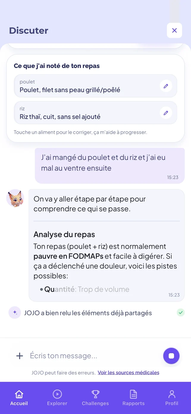 Une conversation avec JOJO : les aliments notés et l'analyse du repas