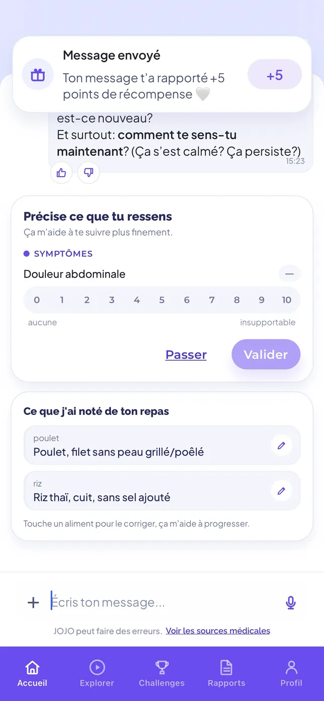 Une conversation avec JOJO : l’intensité d’une douleur abdominale à noter de 0 à 10, à côté des aliments notés du repas