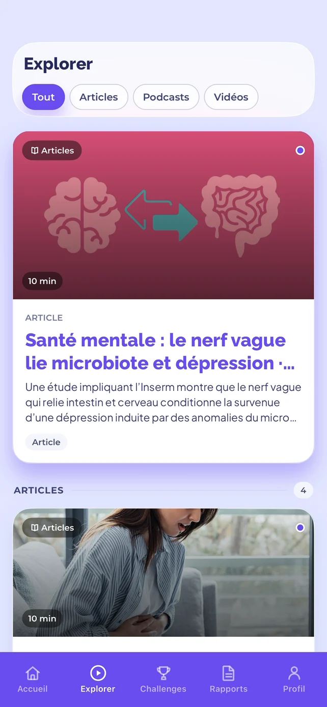 L'onglet Explorer de JOJO, avec un article sur l'axe intestin-cerveau